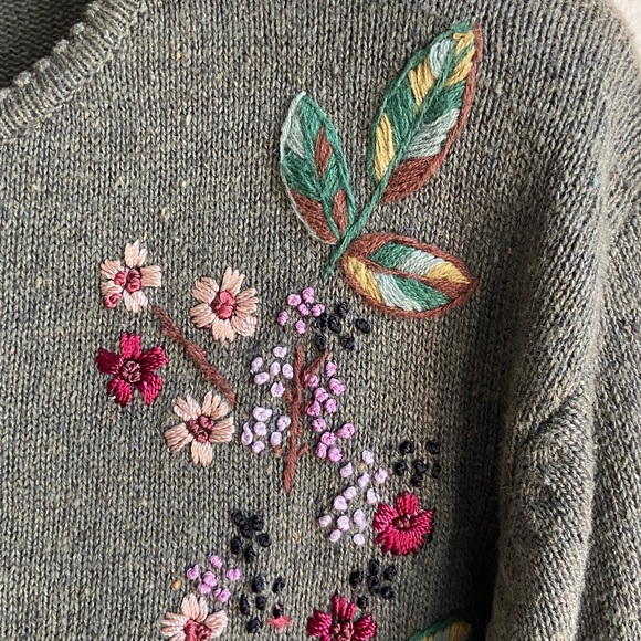 Vintage Tiara Green/Gray Floral Embroidered Cotton/Ramie Cardigan PL - Picture 5 of 14